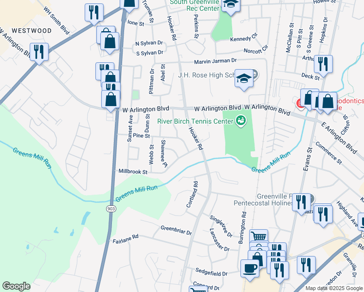 map of restaurants, bars, coffee shops, grocery stores, and more near 504 Pine Street in Greenville