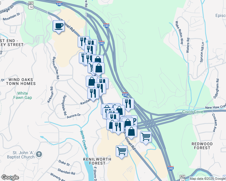 map of restaurants, bars, coffee shops, grocery stores, and more near 9 Kenilworth Knolls in Asheville