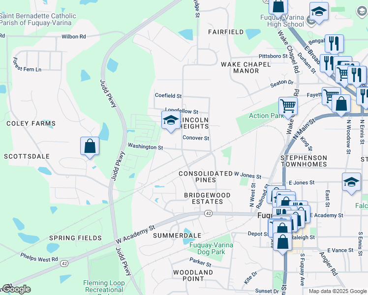 map of restaurants, bars, coffee shops, grocery stores, and more near 292 Bridge Street in Fuquay-Varina