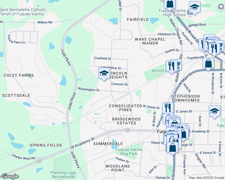 map of restaurants, bars, coffee shops, grocery stores, and more near 292 Bridge Street in Fuquay-Varina