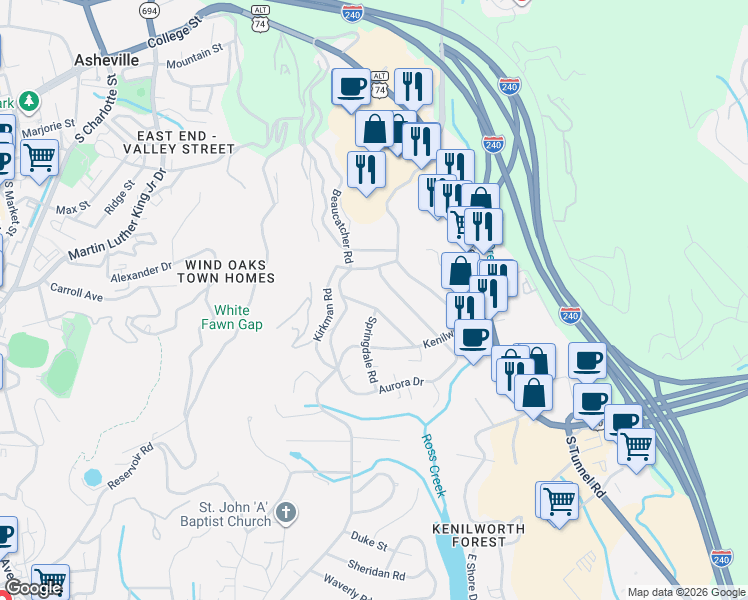 map of restaurants, bars, coffee shops, grocery stores, and more near 10 Hillendale Road in Asheville