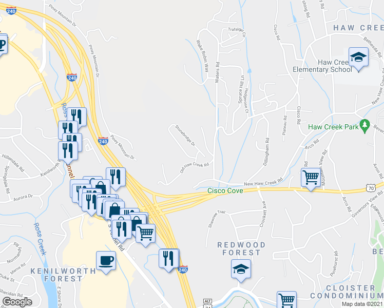 map of restaurants, bars, coffee shops, grocery stores, and more near 2 Stonebridge Drive in Asheville