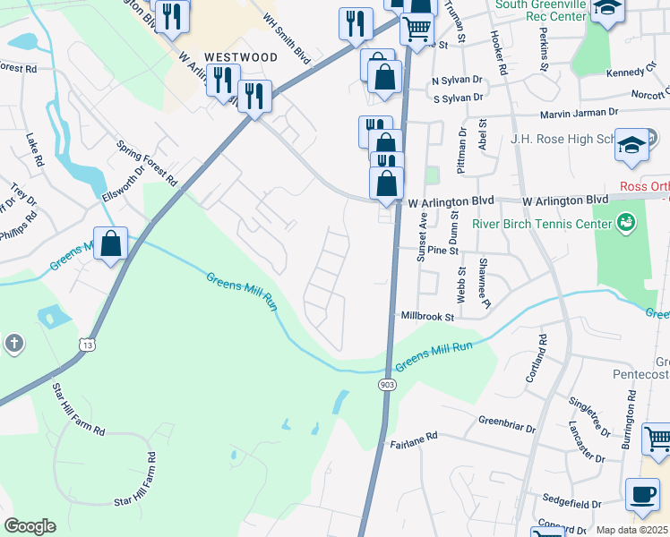 map of restaurants, bars, coffee shops, grocery stores, and more near 2722 Meridian Dr in Greenville