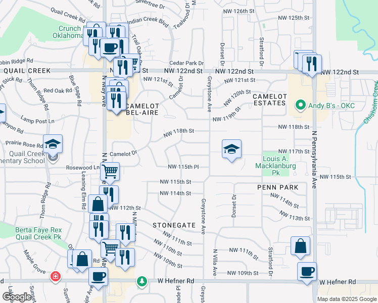 map of restaurants, bars, coffee shops, grocery stores, and more near 2525 Northwest 116th Street in Oklahoma City