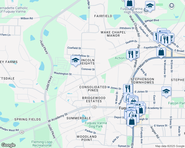 map of restaurants, bars, coffee shops, grocery stores, and more near 414 Washington Street in Fuquay-Varina