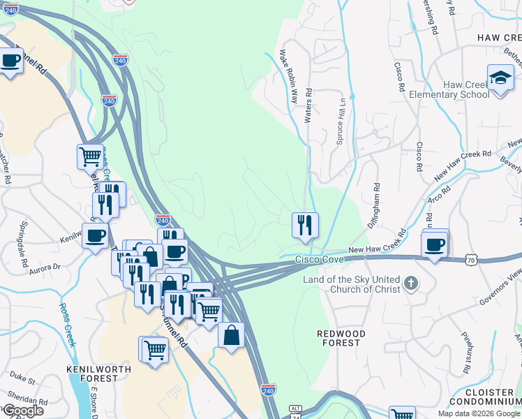 map of restaurants, bars, coffee shops, grocery stores, and more near 2 Stonebridge Drive in Asheville