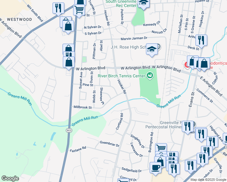 map of restaurants, bars, coffee shops, grocery stores, and more near 504 Pine Street in Greenville