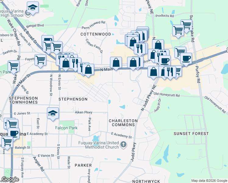 map of restaurants, bars, coffee shops, grocery stores, and more near 100 Quail Hill Street in Fuquay-Varina