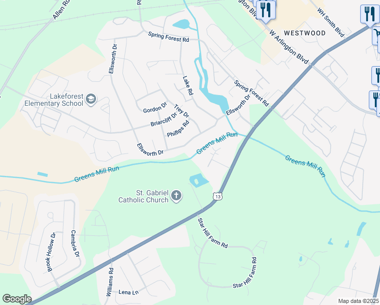 map of restaurants, bars, coffee shops, grocery stores, and more near 3009 Ellsworth Drive in Greenville