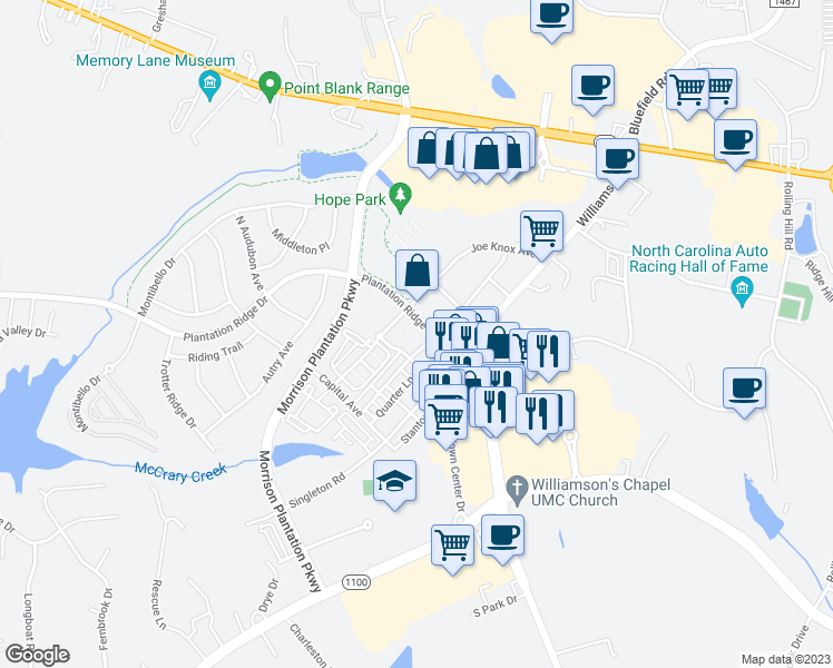 map of restaurants, bars, coffee shops, grocery stores, and more near 131 Plantation Ridge Drive in Mooresville