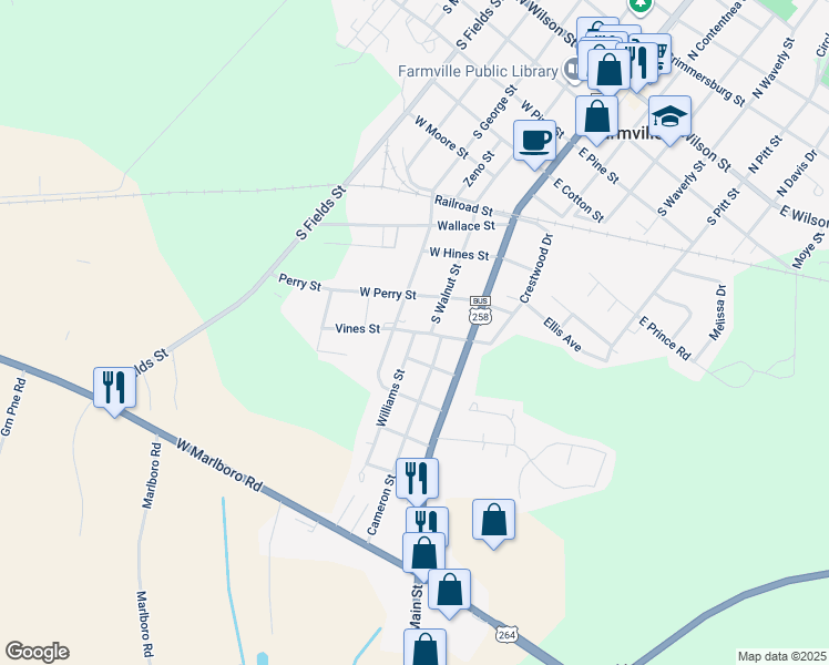 map of restaurants, bars, coffee shops, grocery stores, and more near West Vines Street in Farmville