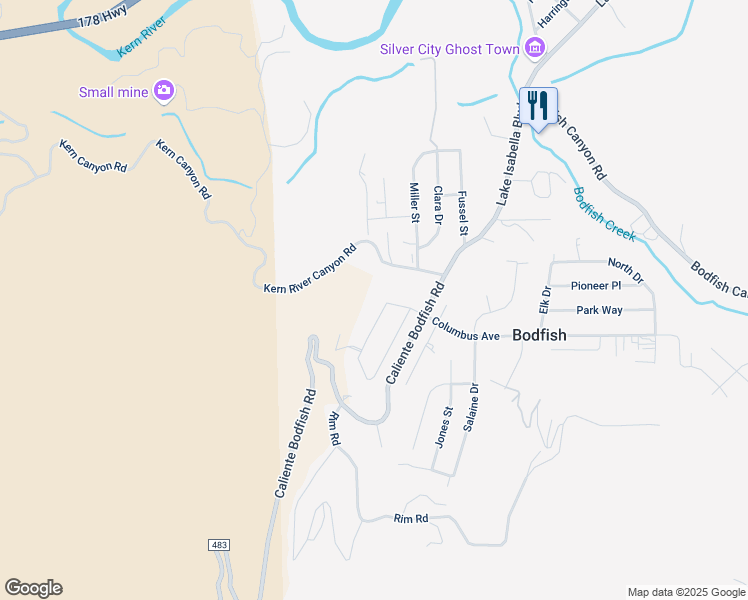 map of restaurants, bars, coffee shops, grocery stores, and more near 2 Dodger Street in Bodfish