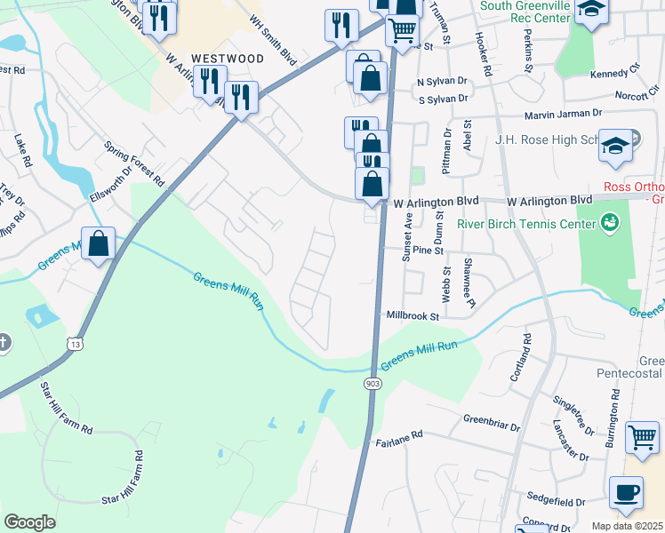 map of restaurants, bars, coffee shops, grocery stores, and more near 2722 Meridian Drive in Greenville