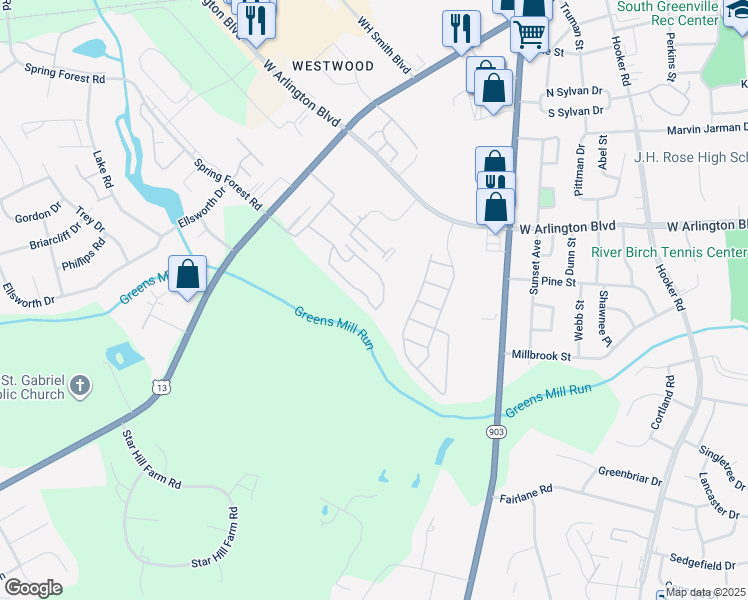 map of restaurants, bars, coffee shops, grocery stores, and more near 1240 Cross Creek Circle in Greenville