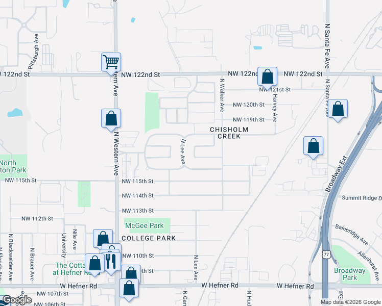 map of restaurants, bars, coffee shops, grocery stores, and more near 11712 North Lee Avenue in Oklahoma City