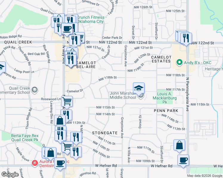 map of restaurants, bars, coffee shops, grocery stores, and more near 2525 Northwest 116th Street in Oklahoma City