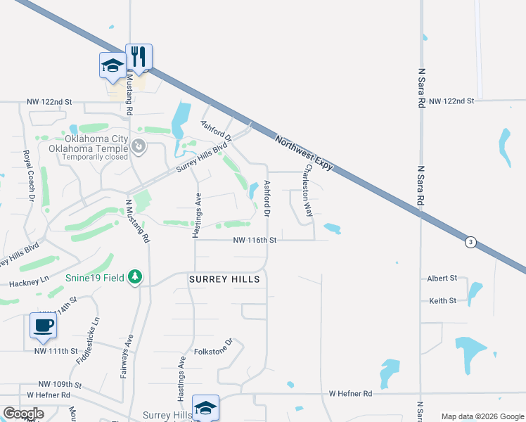 map of restaurants, bars, coffee shops, grocery stores, and more near 11801 Ashford Drive in Yukon