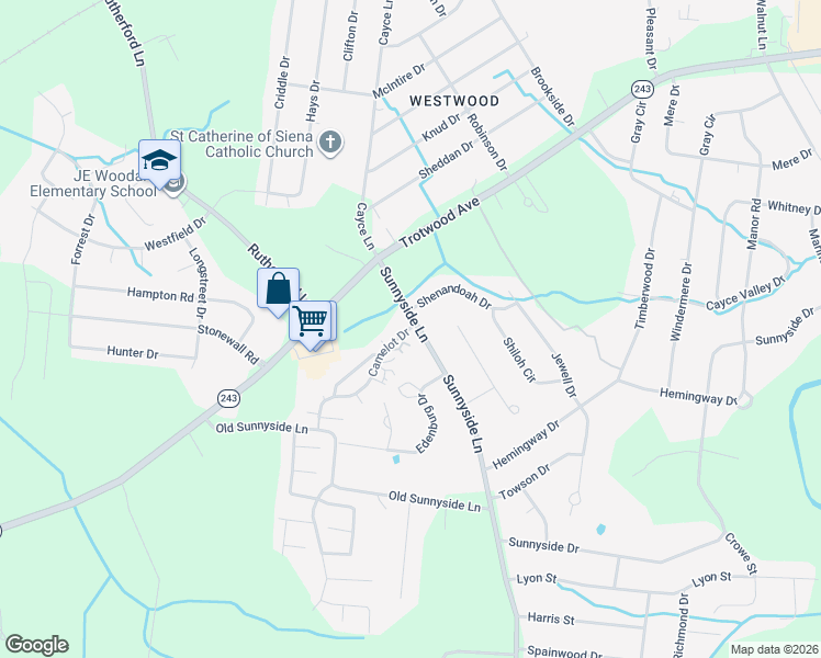 map of restaurants, bars, coffee shops, grocery stores, and more near 5000 Camelot Drive in Columbia
