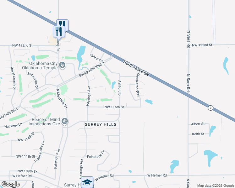 map of restaurants, bars, coffee shops, grocery stores, and more near 11801 Ashford Drive in Yukon