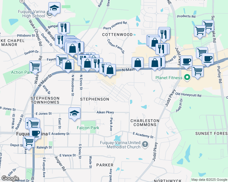 map of restaurants, bars, coffee shops, grocery stores, and more near 319 Parker Station Avenue in Fuquay-Varina