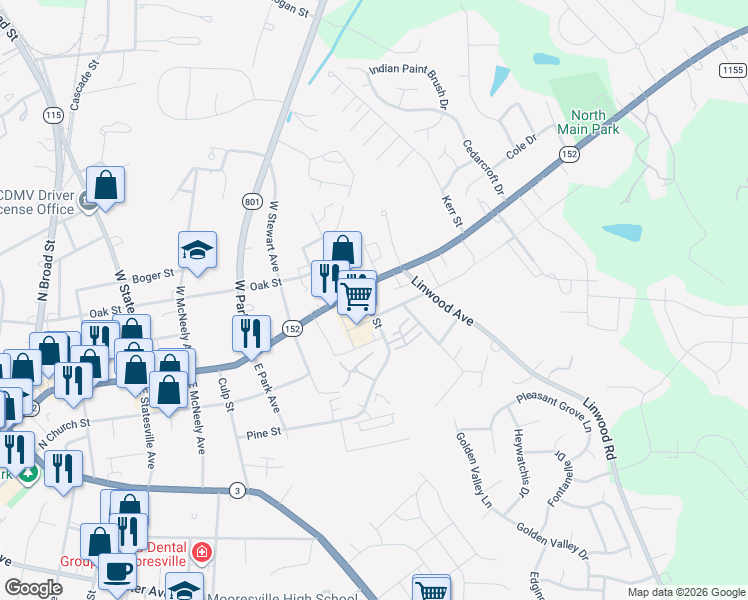 map of restaurants, bars, coffee shops, grocery stores, and more near 1201 Pine St in Mooresville