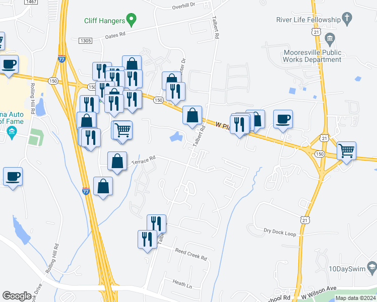 map of restaurants, bars, coffee shops, grocery stores, and more near 272 Talbert Road in Mooresville