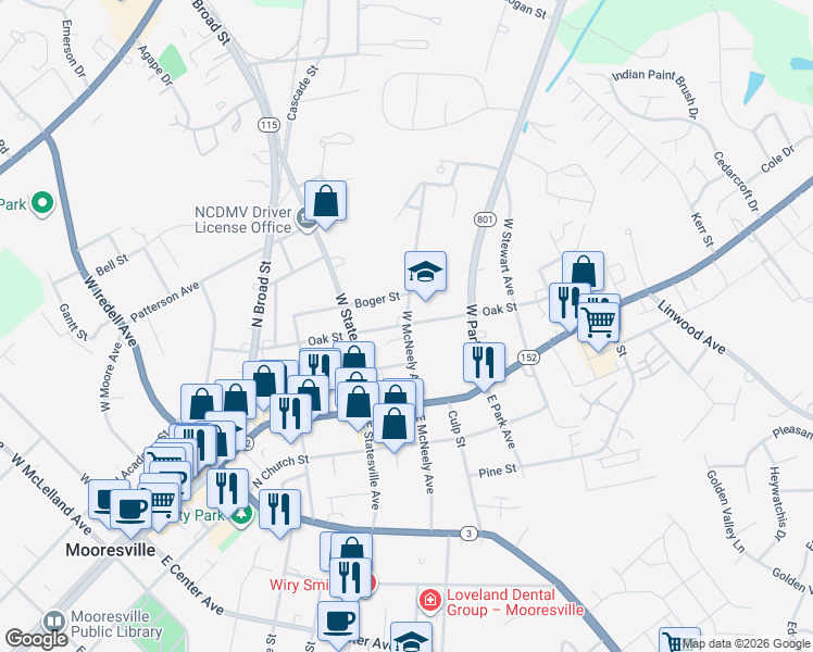map of restaurants, bars, coffee shops, grocery stores, and more near 217 West McNeely Avenue in Mooresville