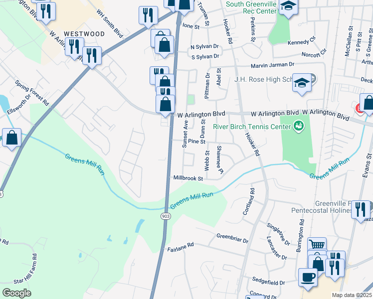 map of restaurants, bars, coffee shops, grocery stores, and more near 203 Hillcrest Drive in Greenville