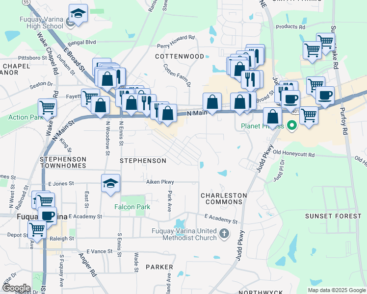 map of restaurants, bars, coffee shops, grocery stores, and more near 910 North Main Street in Fuquay-Varina