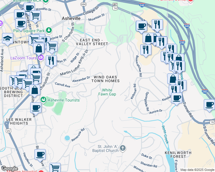 map of restaurants, bars, coffee shops, grocery stores, and more near 157 Ardmion Park in Asheville