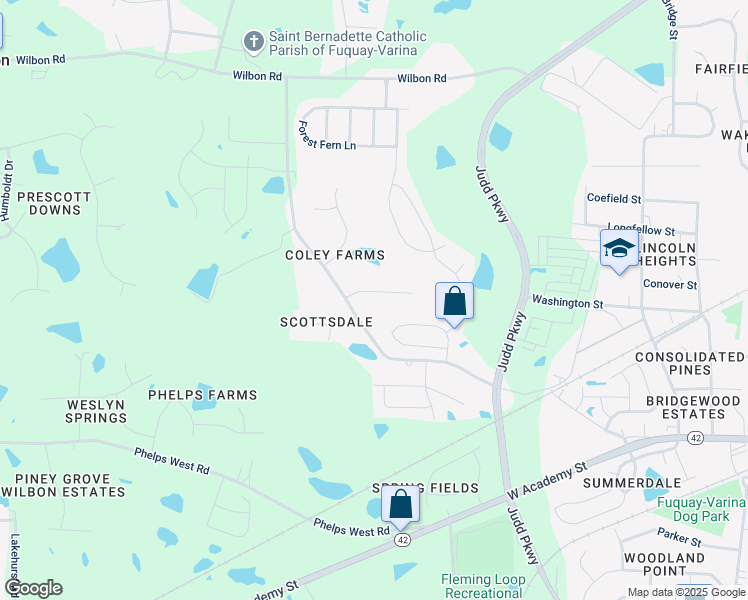 map of restaurants, bars, coffee shops, grocery stores, and more near 704 Tampa Drive in Fuquay-Varina