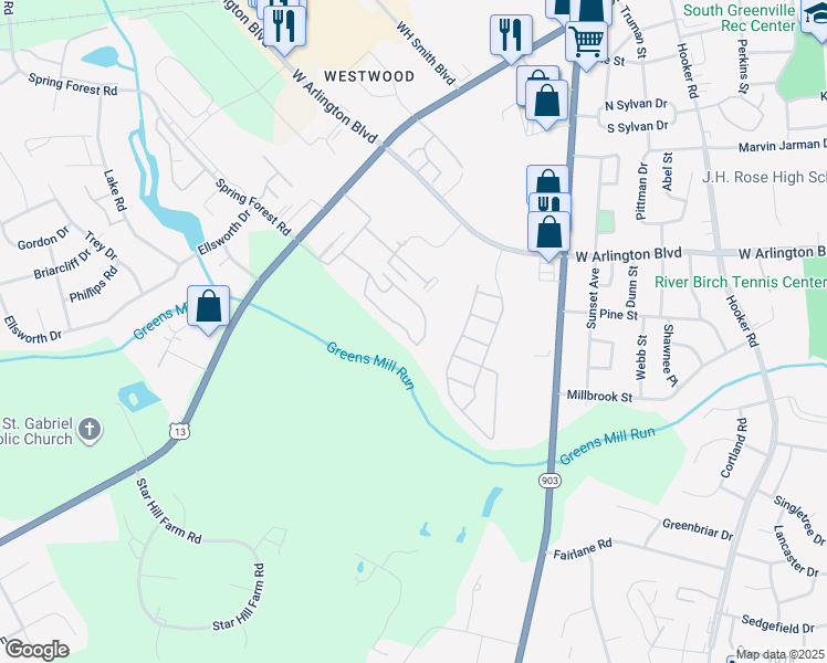 map of restaurants, bars, coffee shops, grocery stores, and more near 1240 Cross Creek Circle in Greenville