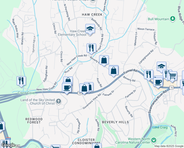 map of restaurants, bars, coffee shops, grocery stores, and more near 24 Avon Road in Asheville