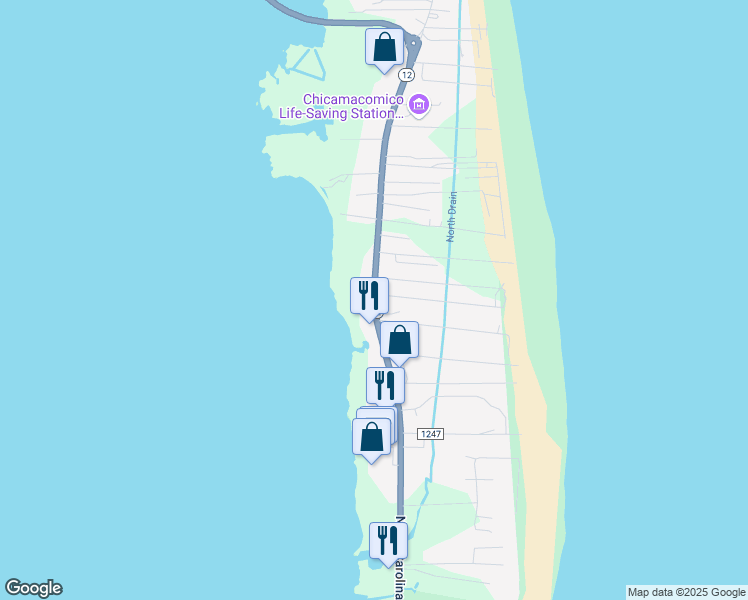 map of restaurants, bars, coffee shops, grocery stores, and more near North Carolina Highway 12 in Rodanthe
