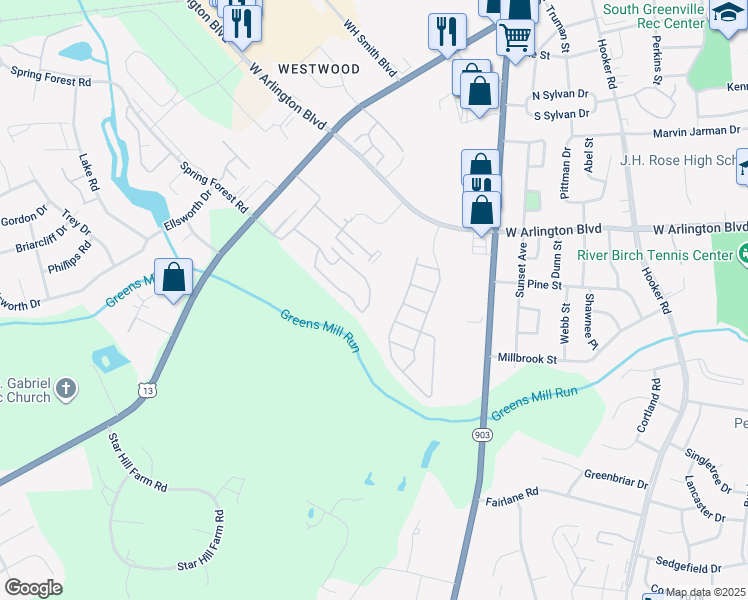 map of restaurants, bars, coffee shops, grocery stores, and more near 1240 Cross Creek Circle in Greenville