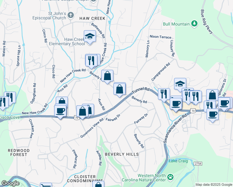 map of restaurants, bars, coffee shops, grocery stores, and more near 936 Tunnel Road in Asheville