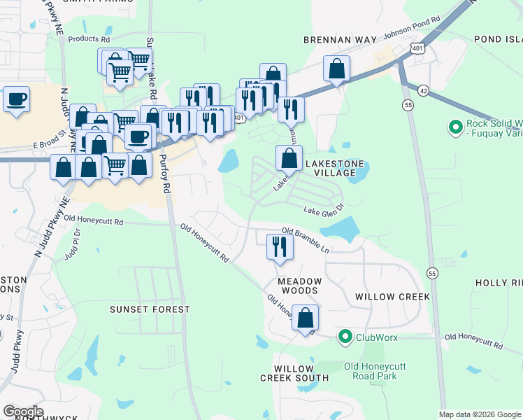 map of restaurants, bars, coffee shops, grocery stores, and more near 1500 Lake Glen Drive in Fuquay-Varina