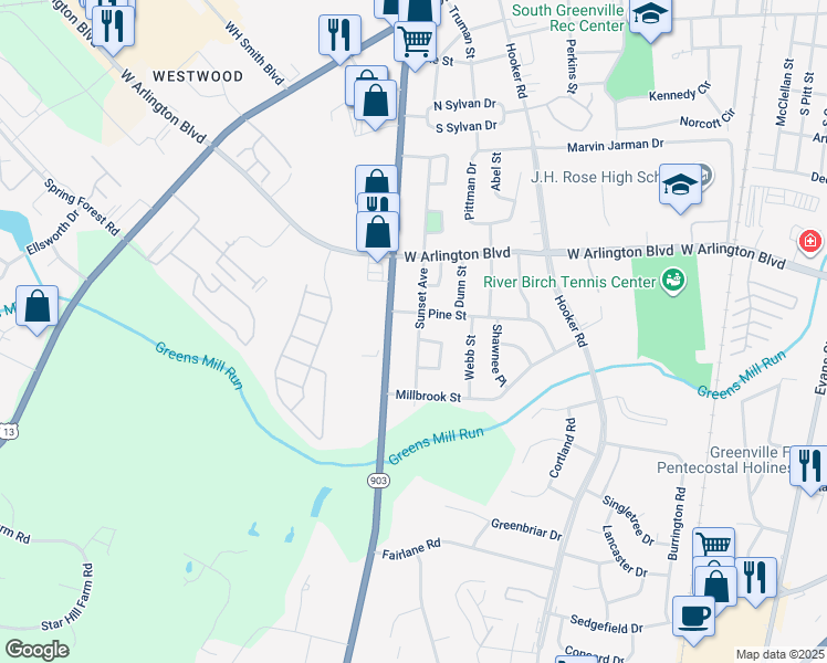 map of restaurants, bars, coffee shops, grocery stores, and more near 2704 Sunset Avenue in Greenville