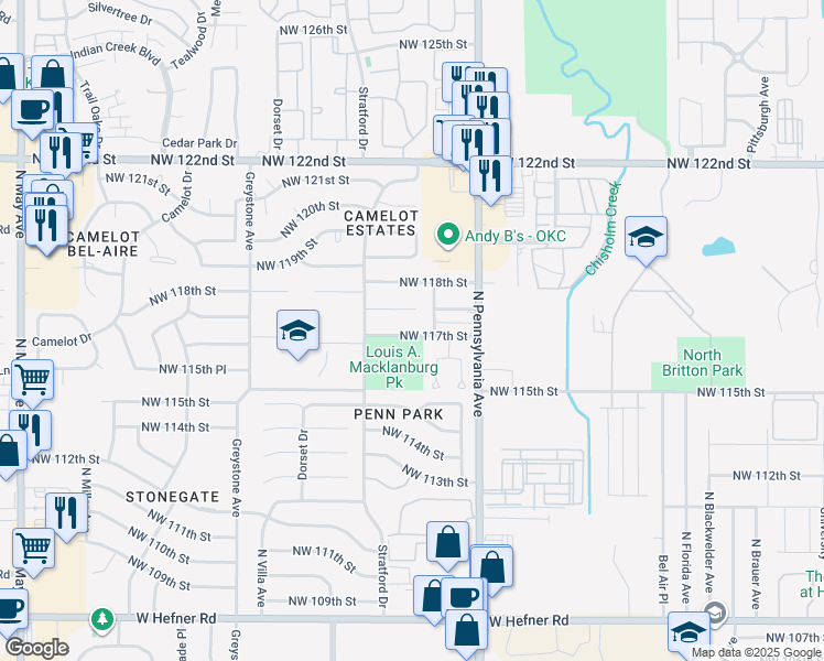 map of restaurants, bars, coffee shops, grocery stores, and more near 2215 Northwest 117th Street in Oklahoma City