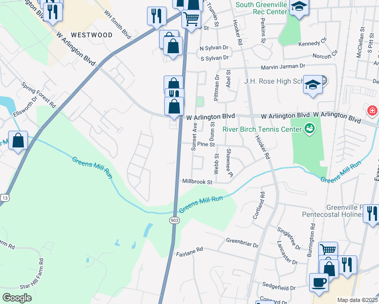 map of restaurants, bars, coffee shops, grocery stores, and more near 2715 S Memorial Dr in Greenville