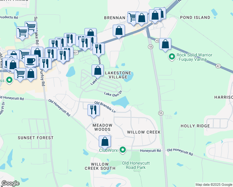 map of restaurants, bars, coffee shops, grocery stores, and more near 1669 Lake Glen Drive in Fuquay Varina