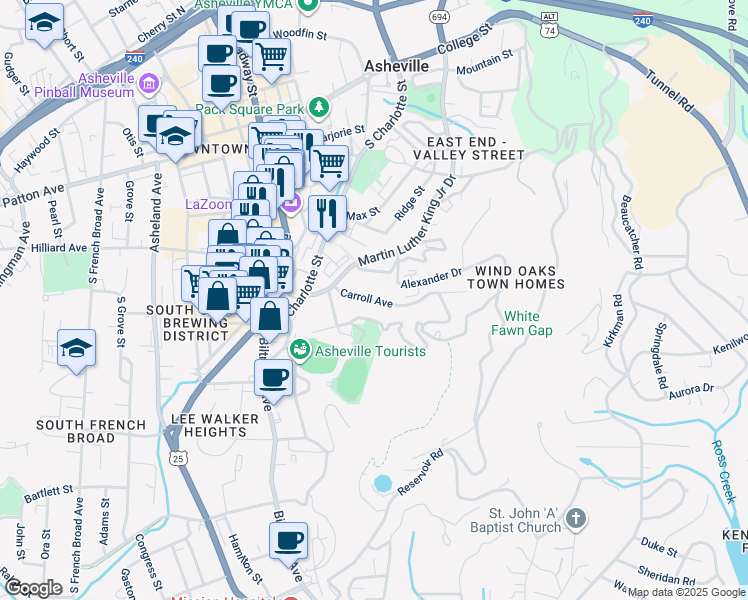 map of restaurants, bars, coffee shops, grocery stores, and more near 100 Carroll Avenue in Asheville