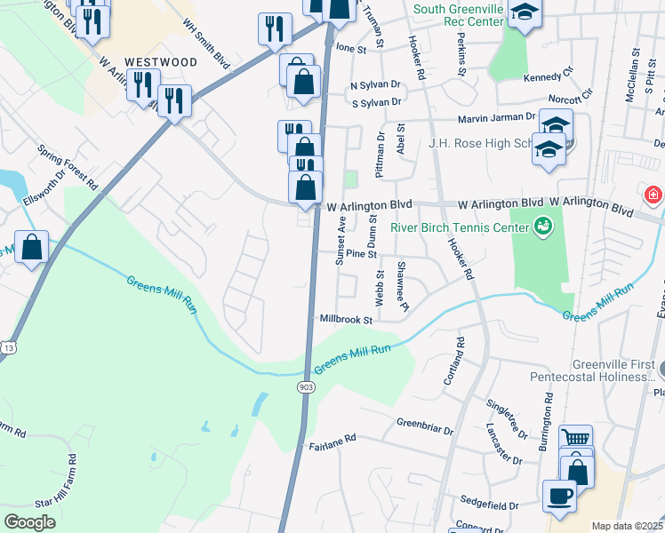 map of restaurants, bars, coffee shops, grocery stores, and more near 2704 Sunset Avenue in Greenville