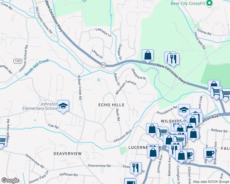 map of restaurants, bars, coffee shops, grocery stores, and more near 3 Mountain Terrace in Asheville