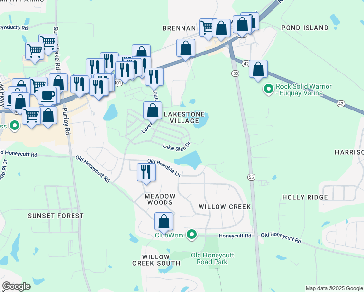 map of restaurants, bars, coffee shops, grocery stores, and more near 1669 Lake Glen Drive in Fuquay Varina