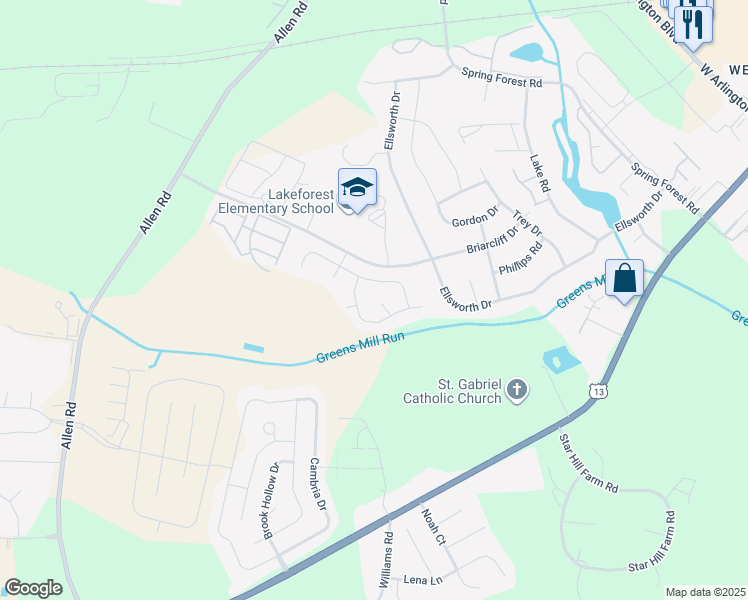 map of restaurants, bars, coffee shops, grocery stores, and more near 500 Kiesee Drive in Greenville