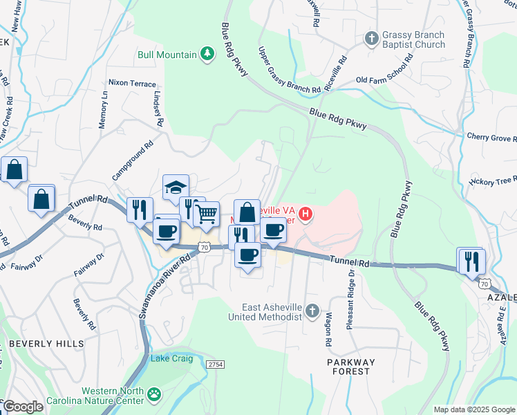 map of restaurants, bars, coffee shops, grocery stores, and more near 106 La Mancha Drive in Asheville