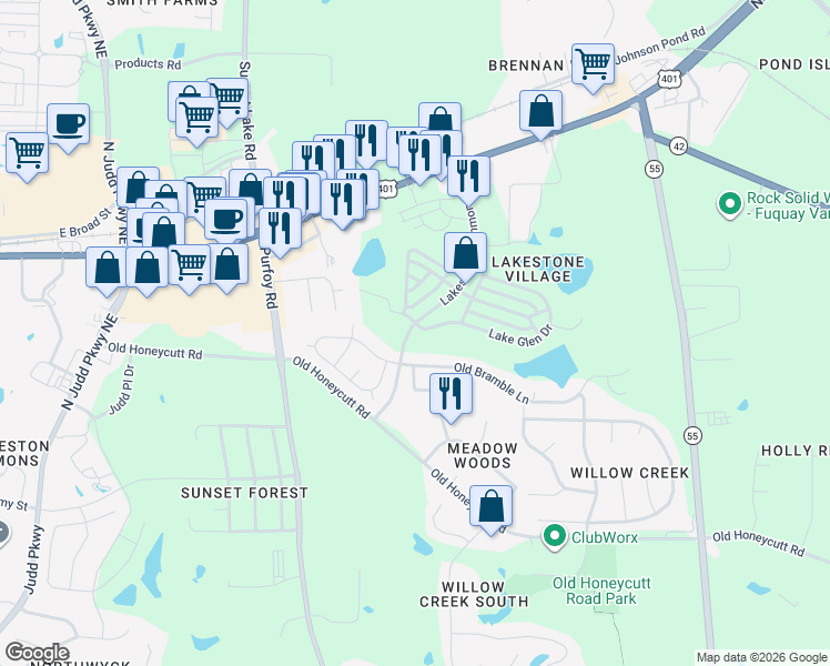 map of restaurants, bars, coffee shops, grocery stores, and more near 1500 Lake Glen Drive in Fuquay-Varina