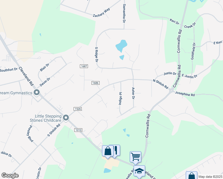map of restaurants, bars, coffee shops, grocery stores, and more near 304 Indigo Place in Garner
