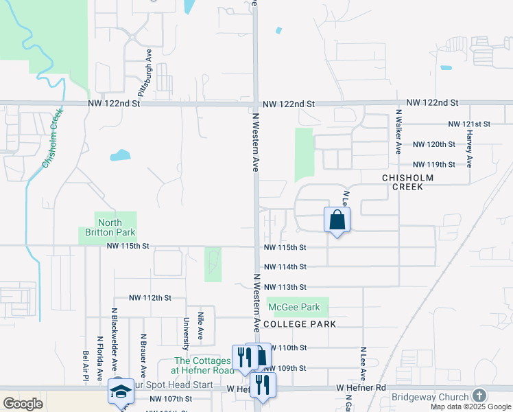 map of restaurants, bars, coffee shops, grocery stores, and more near 11901 North Western Avenue in Oklahoma City